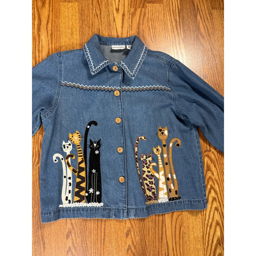 1990s Breckenridge Denim Cat Appliqué Jacket Shirt Size M 100% Cotton
